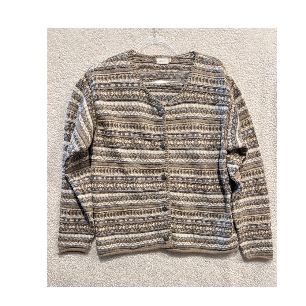 ALPS Vintage Fair Isle Button Front Cardigan Sweater Brown Blue Cotton Blend M